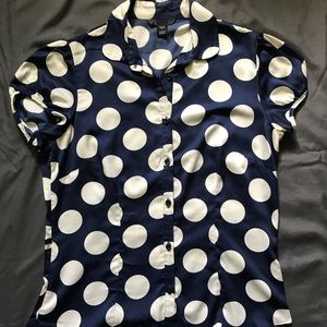 H&M blue silk top with ivory polka dots